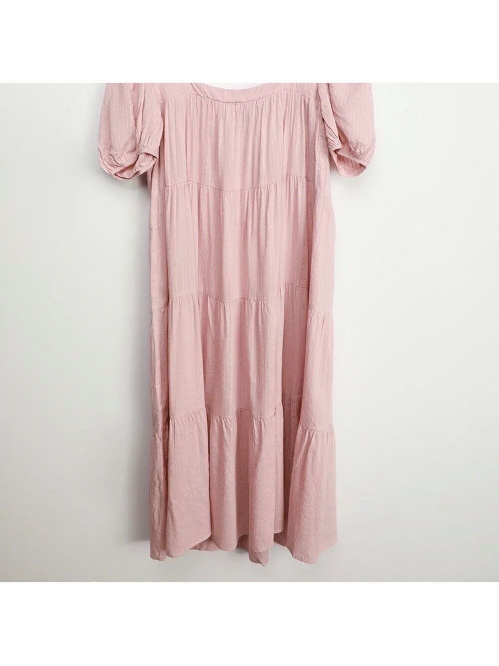 New-lulu's Happy Tiers Blush Striped Puff Sleeves Lightweight Midi Dress Size MD